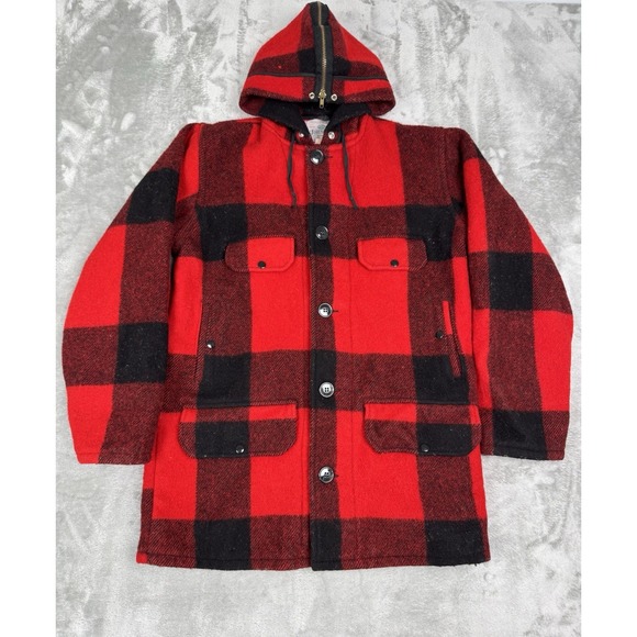 Vintage Johnson Woolen Mills Jacket Mens 40 Red Wool Buffalo Plaid Coat Hunting